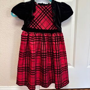 Girls Red and Black Plaid Dress with Velvet Accents